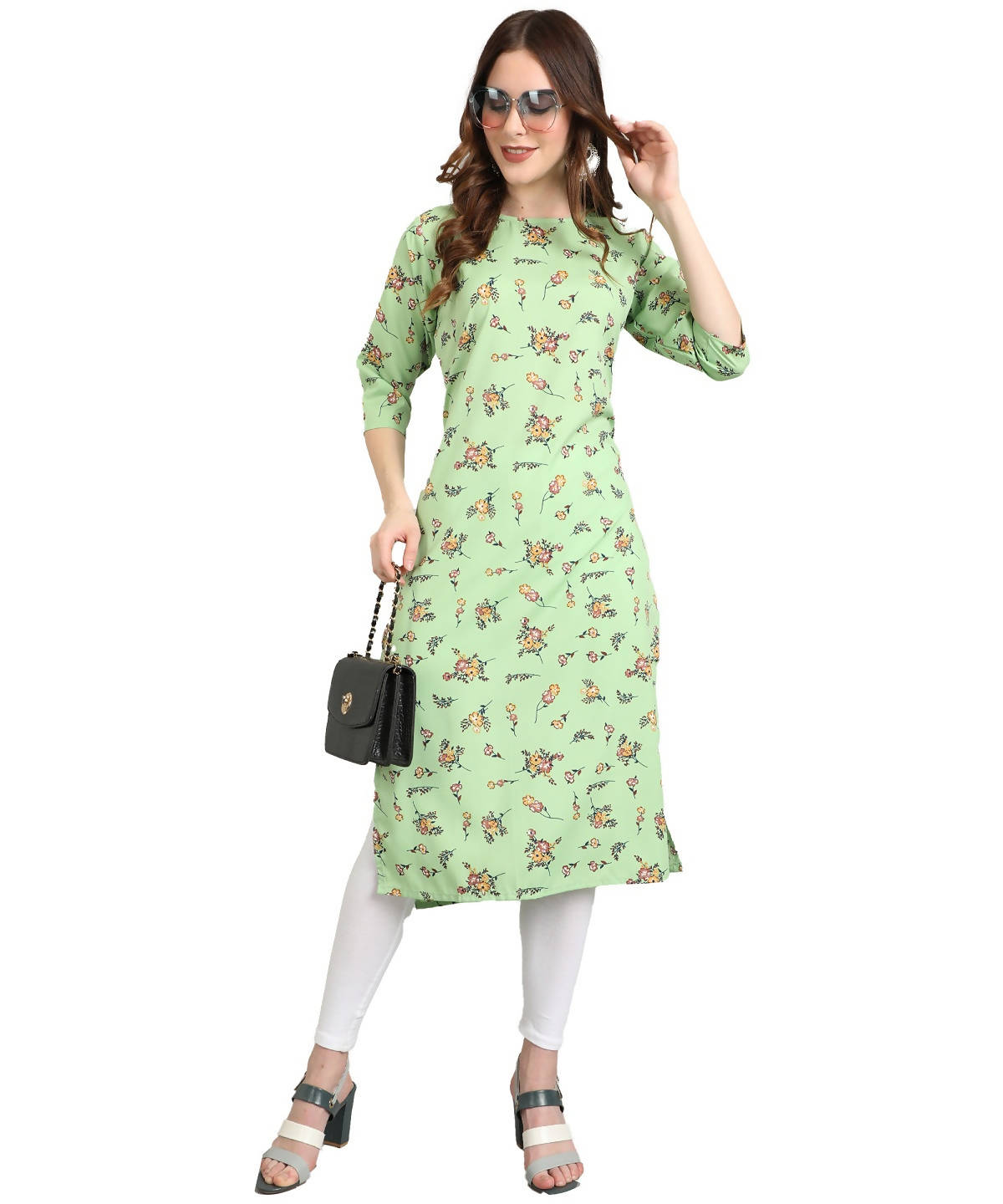 Vamika Pista French Crepe Printed Party Wear/Casual Wear Kurti