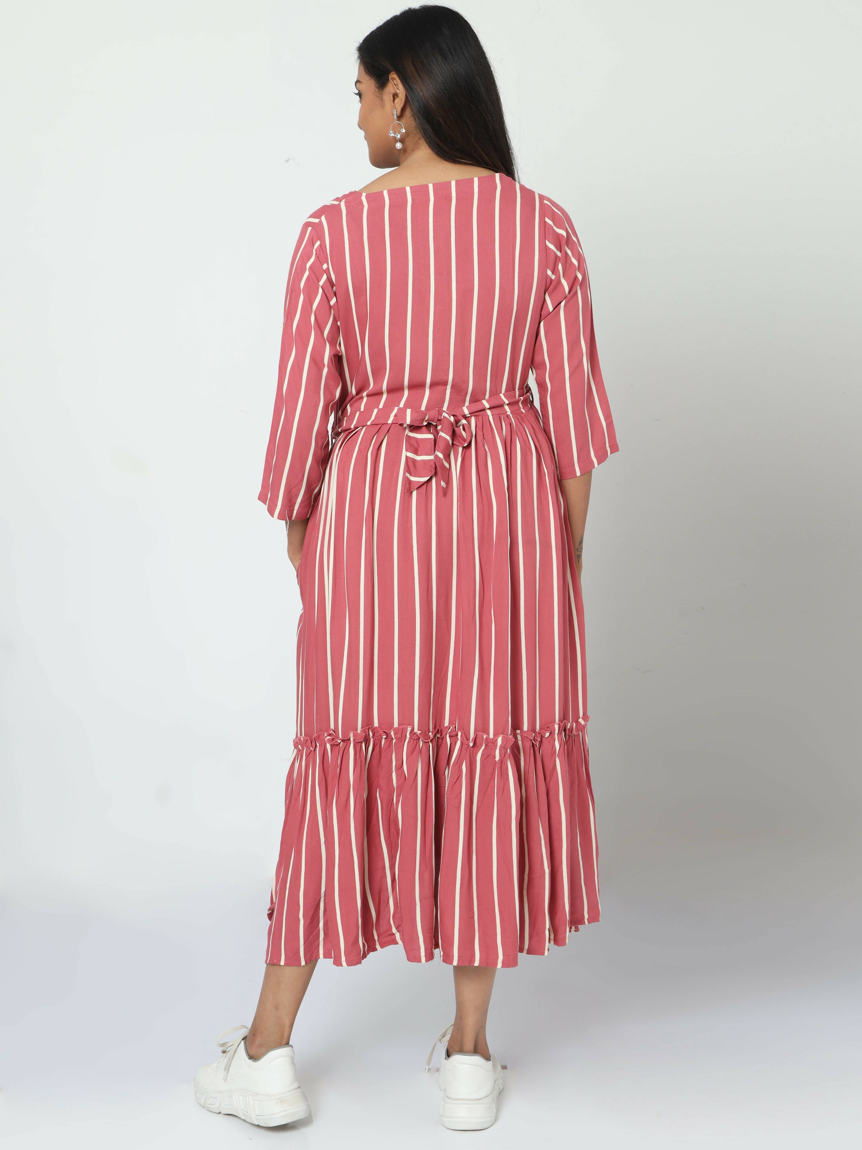Manet Three Fourth Maternity Dress Striped With Concealed Zipper Nursing Access - Pink