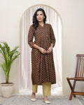 Vaasva Brown Boonta Cotton Printed Gathered Kurti With Pant