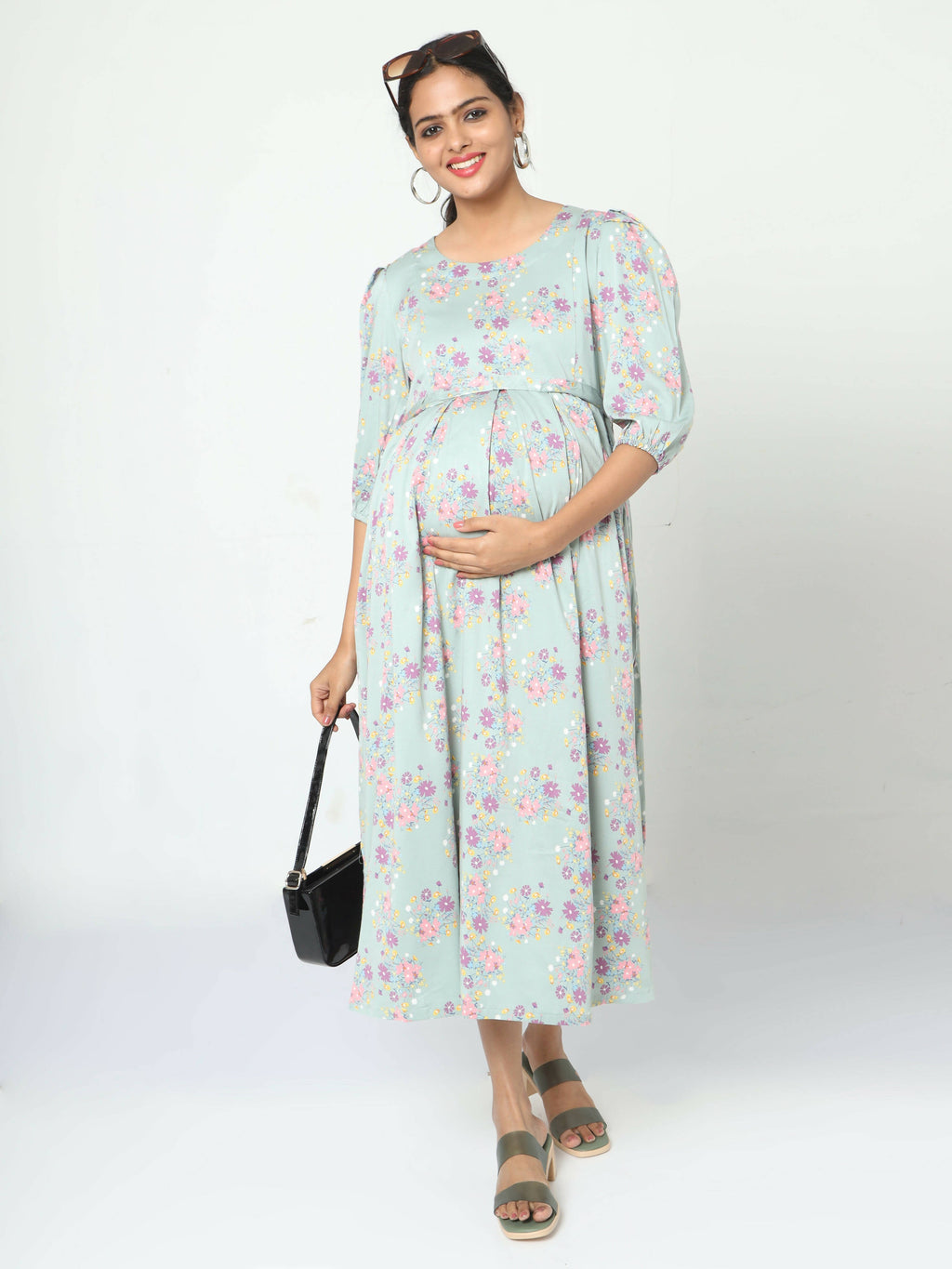Manet Three Fourth Maternity Dress Pink Floral Print With Concealed Zipper Nursing Access - Green