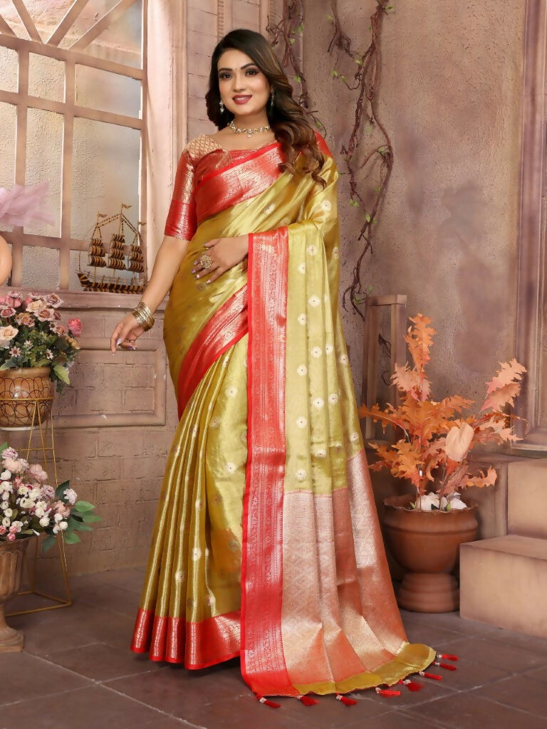 Anaita Golden Tissue Silk With Zari Weaving Saree With Blouse
