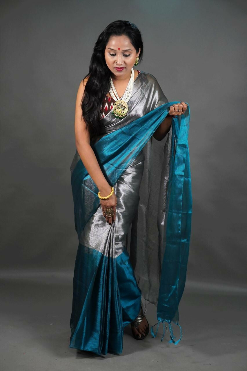 Exclusive Collection Beautiful Gray Green Tissue Silk Hand Weaving Handloom Saree With Running Blouse Piece