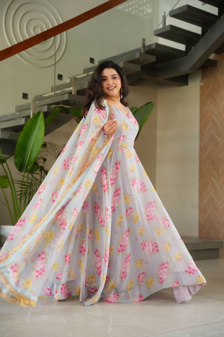 Vastranavya Light Grey Faux Georgette With Rich Flower Digital Print work Gown