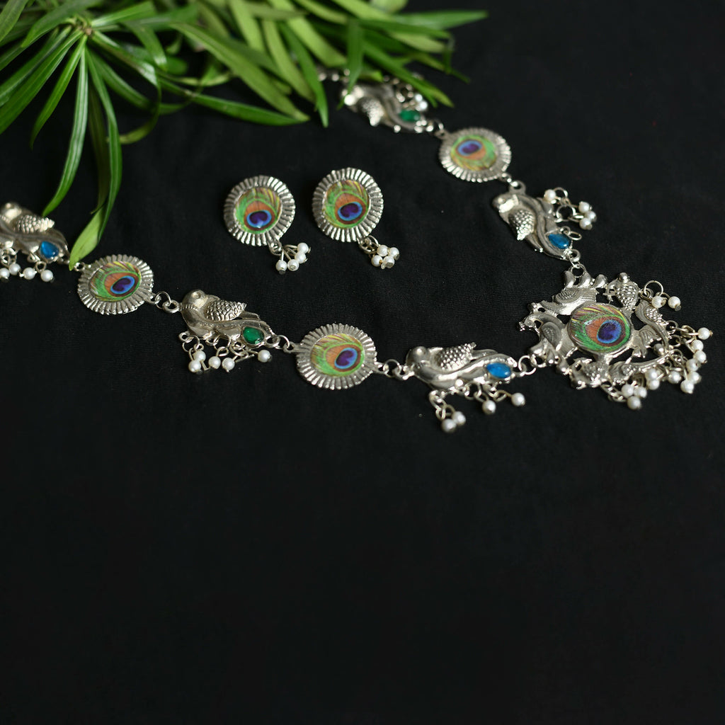 Mominos Fashion Johar Kamal Oxidised Silver-Plated Brass Finish Long Necklace For Women (Silver)