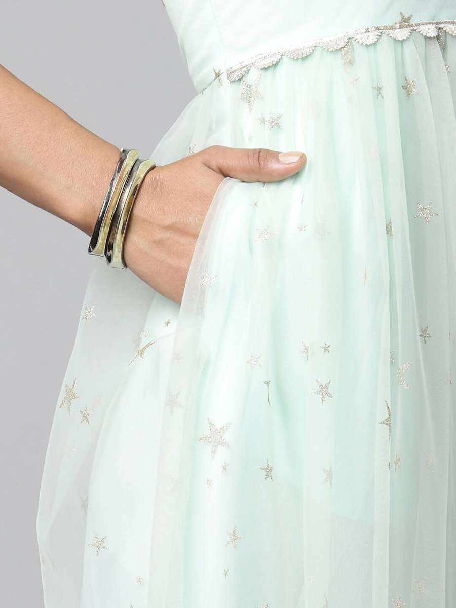 Ahalyaa Women Summer Blue Net Glitter Printed Dress