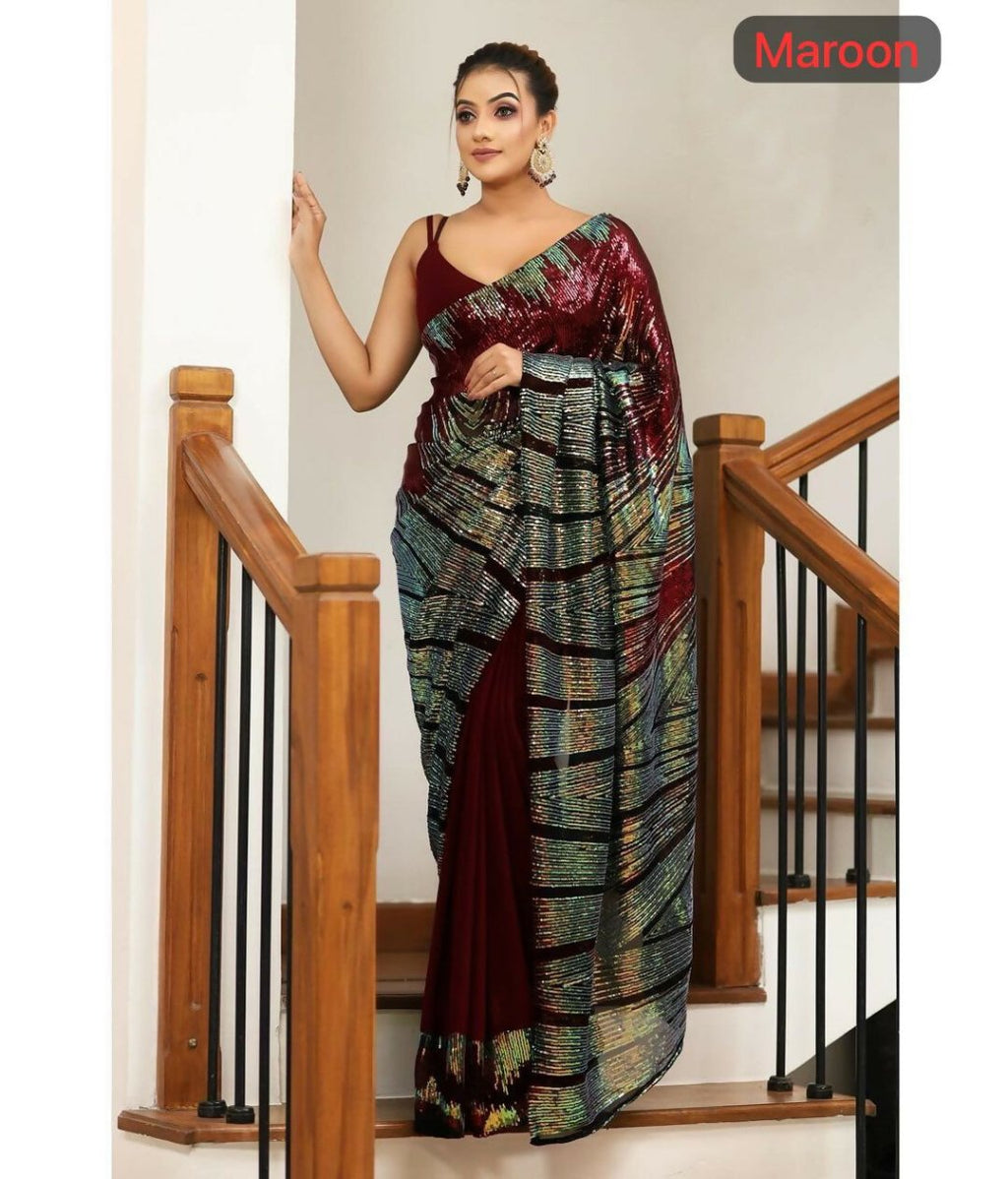 Arfa Fashion House Maroon Georgette Sequince Saree