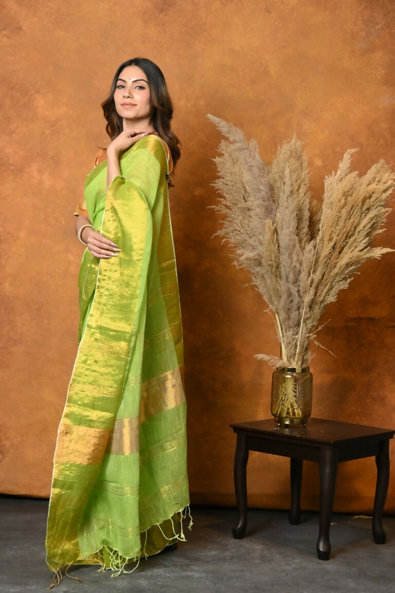 Very Much Indian Handloom Pure Cotton Linen Saree With Golden Border - Light Green