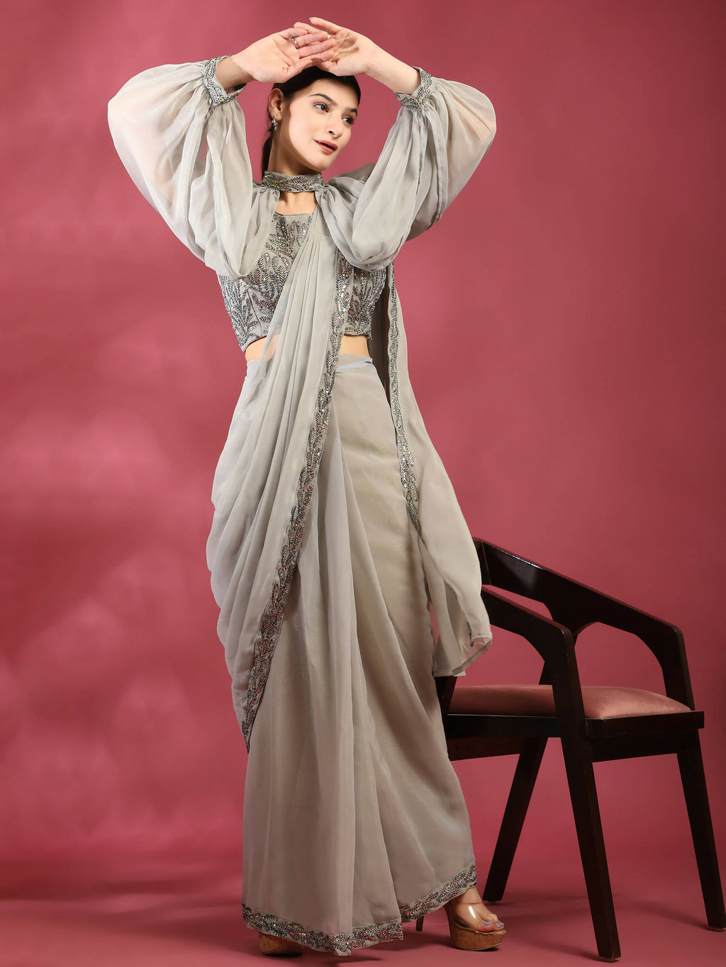 Grey Fancy Pure Fabric Plain Ready to wear Saree with stitched Blouse - Vrinda