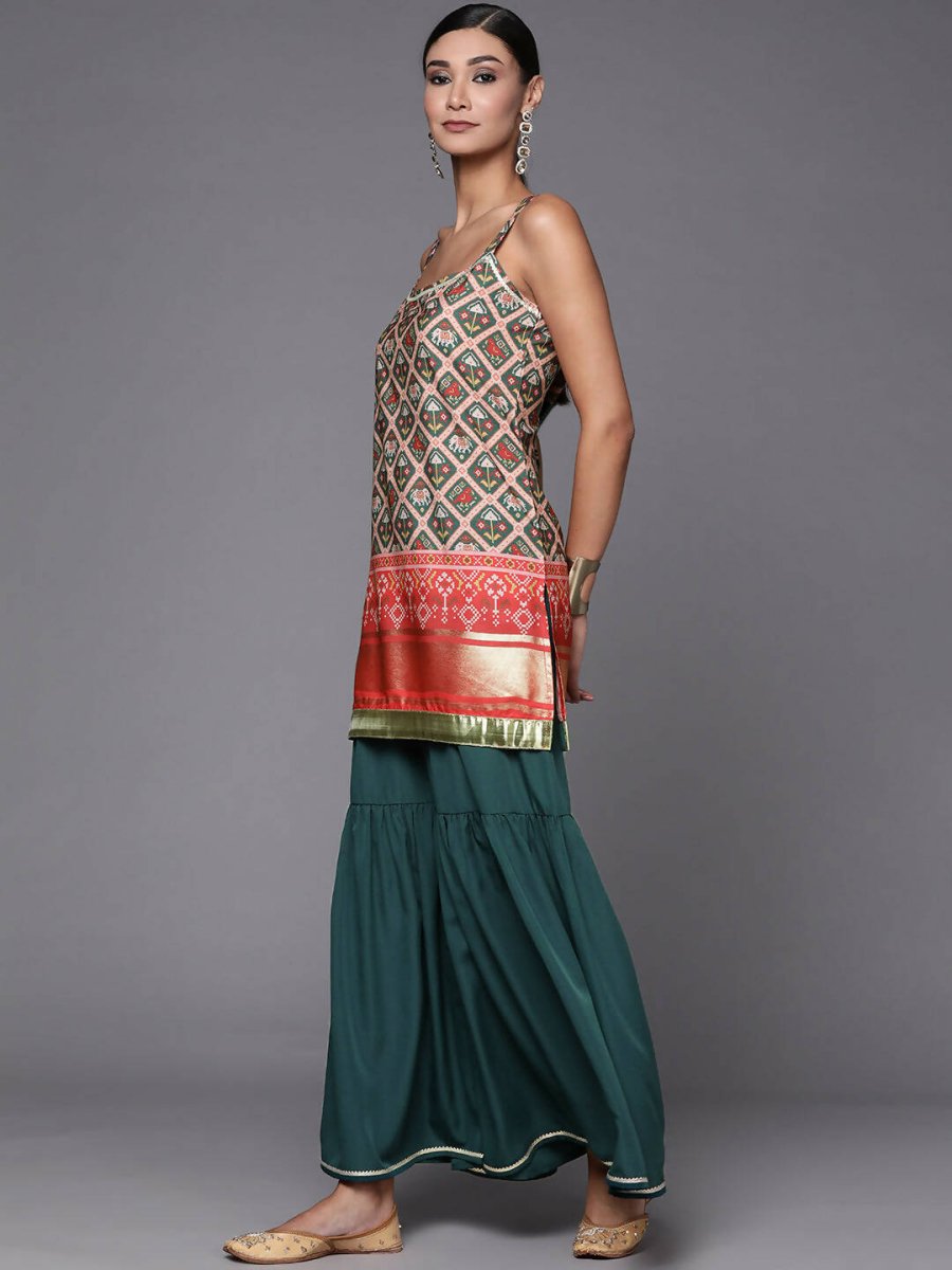 Ahalyaa Women Green & Red Ethnic Motifs Print Kurti with Sharara & Dupatta