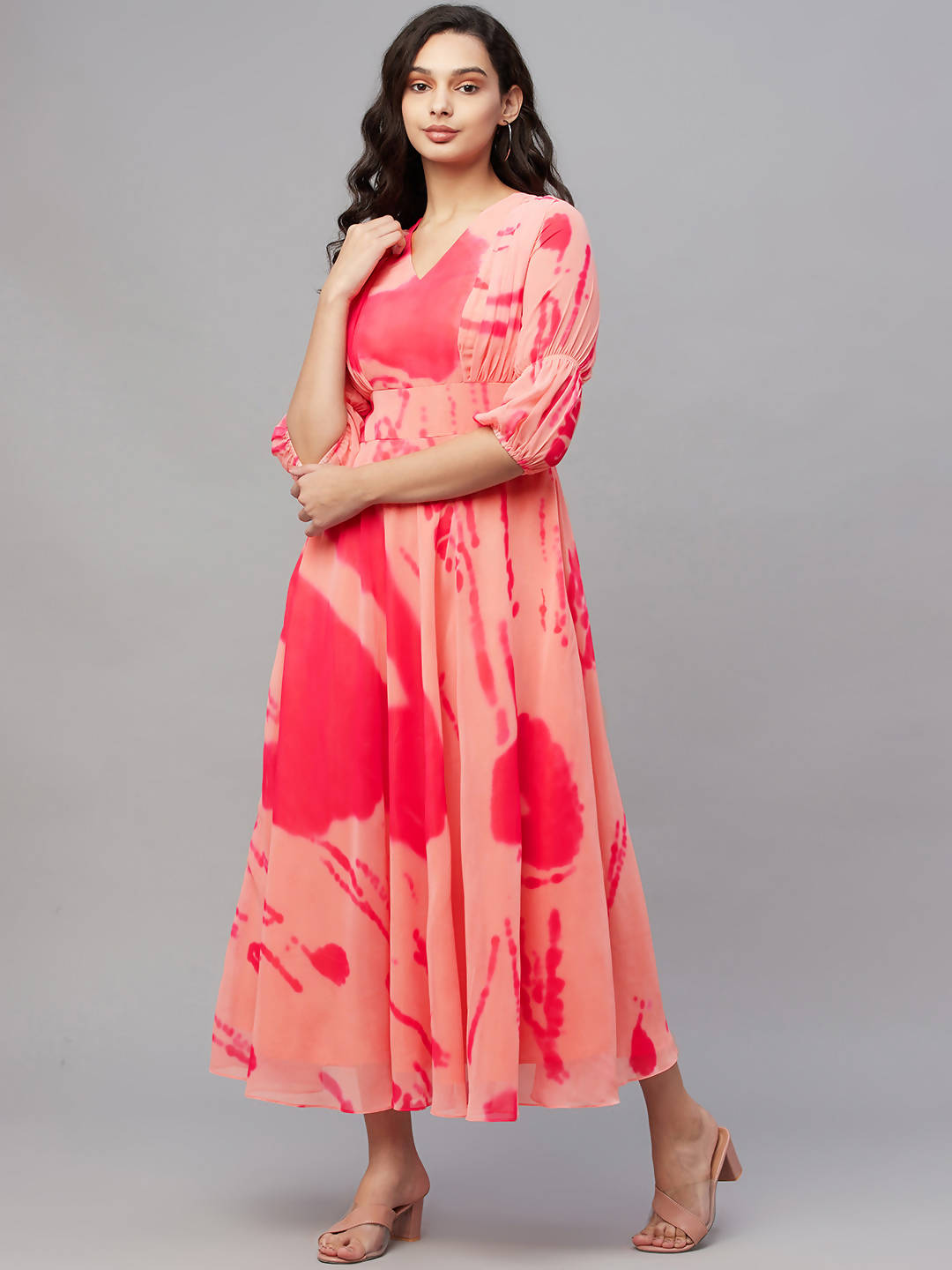 Myshka Stylish Printed 3/4 Sleeve ,V Neck Women Dress
