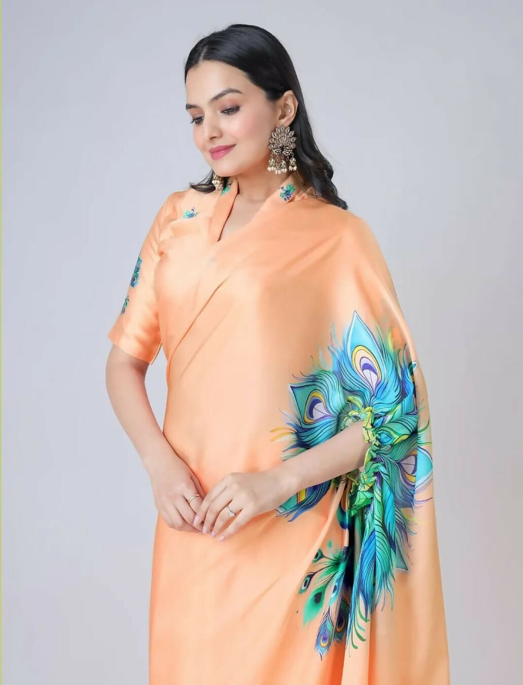 Vastranavya Peach Peacock Print Free Hand Ready to Wear Saree