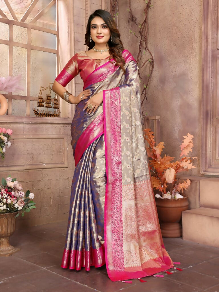 Anaita Lavender Tissue Silk With Zari Weaving Saree With Blouse