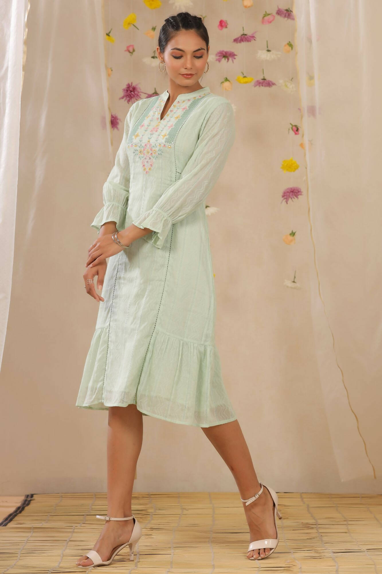 Juniper Women Sagegreen Cotton Dobby Woven Design A-Line Dress