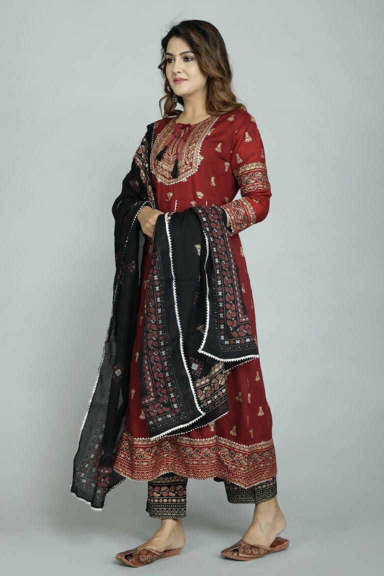 Alvano Women's Stylish Anarkali Kurti with Pant and Dupatta for Women and Girls (Maroon)
