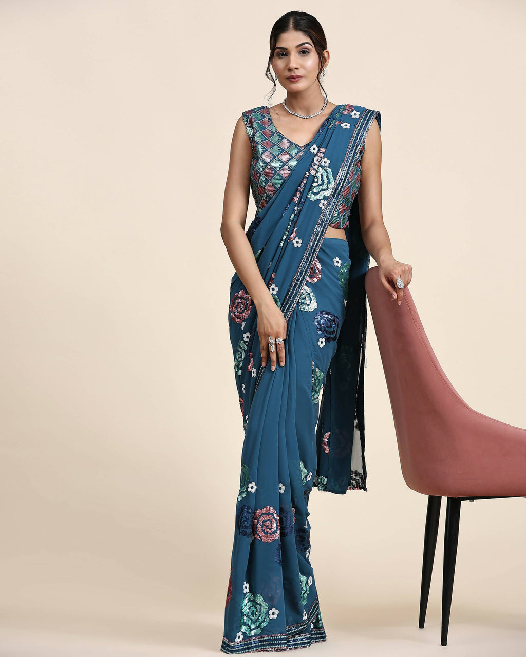 Blue Pure Georgette Sequence work Ready to wear Saree with stitched Blouse - Nirvana