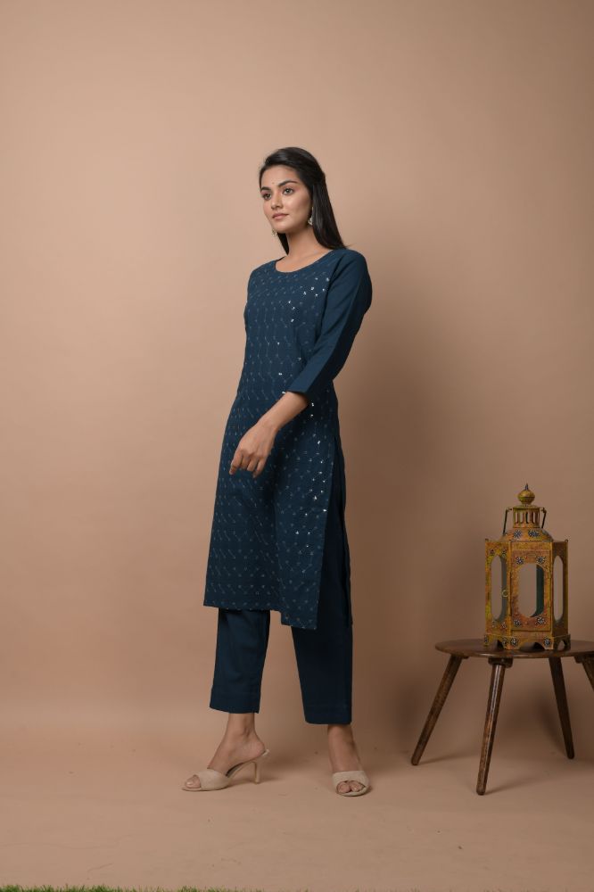 Kaajh Women's Navy Blue Solid Sequins Embellished Kurta Pant Set