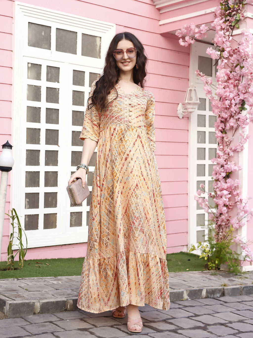 Peach Rayon Foil Printed Long Dress - Michan