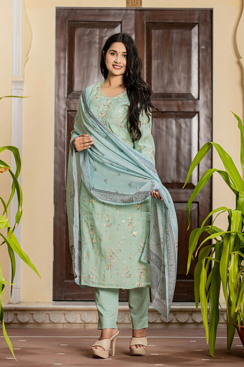 Kaajh Women's Sky Blue Printed Modal Silk Suit Set