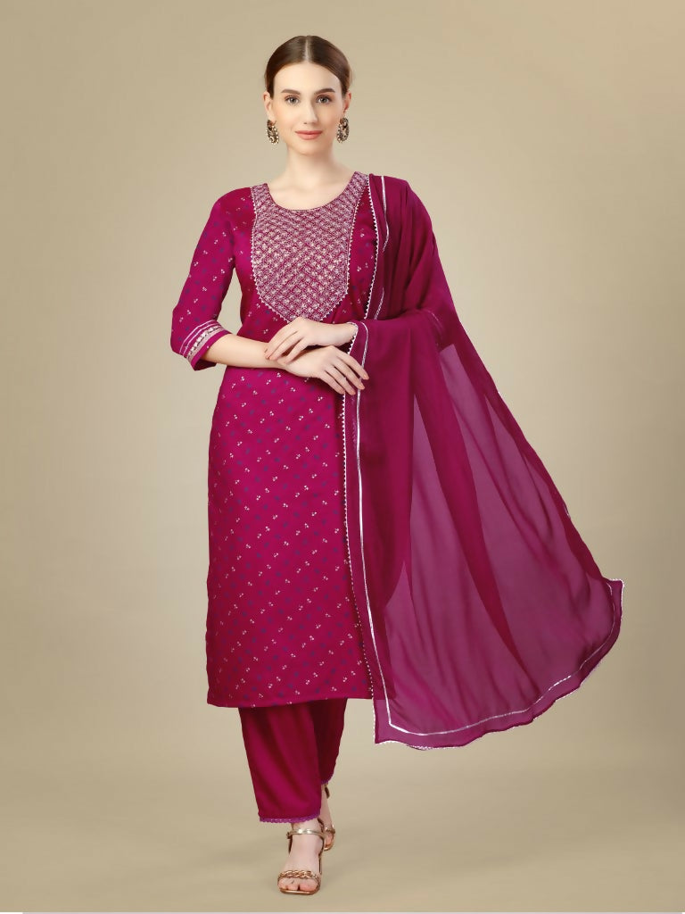 Jyoti Fashion Women's Rani Pink Silk Blend Embroidery & Sequence work Kurta with Trouser & Dupatta