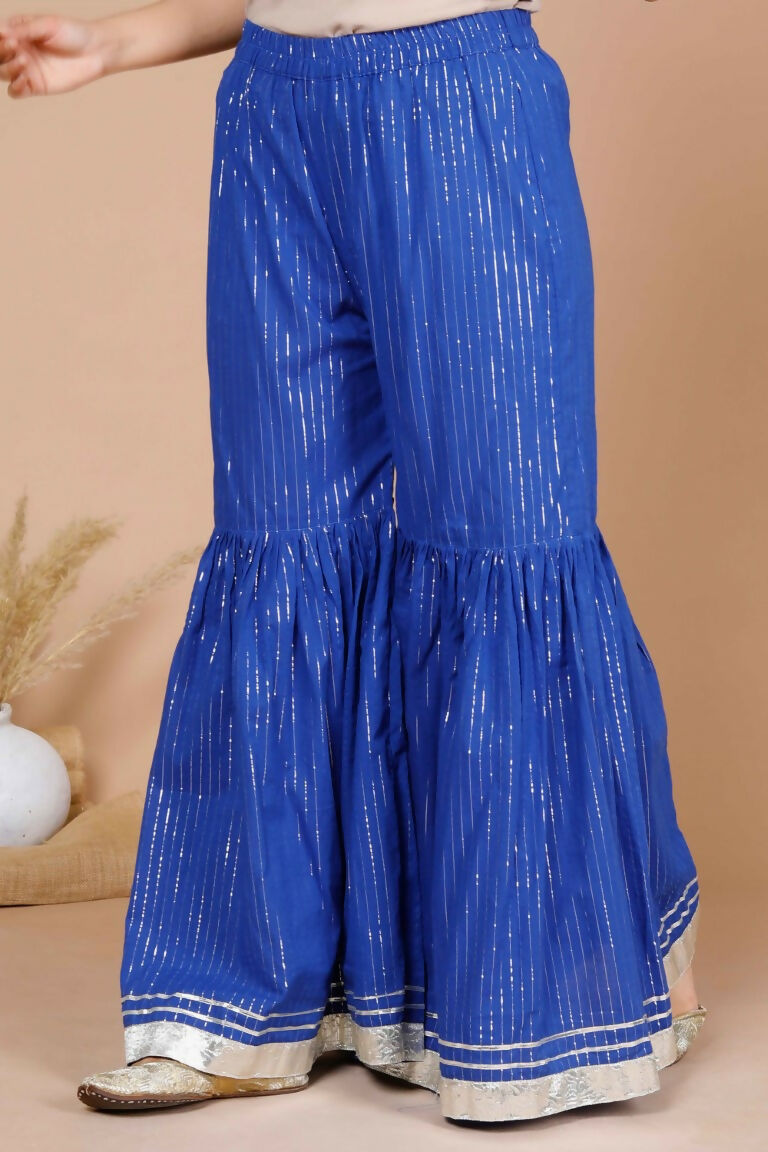 Miravan Women's Blue Printed Pure Cotton A-Line Kurti With Sharara