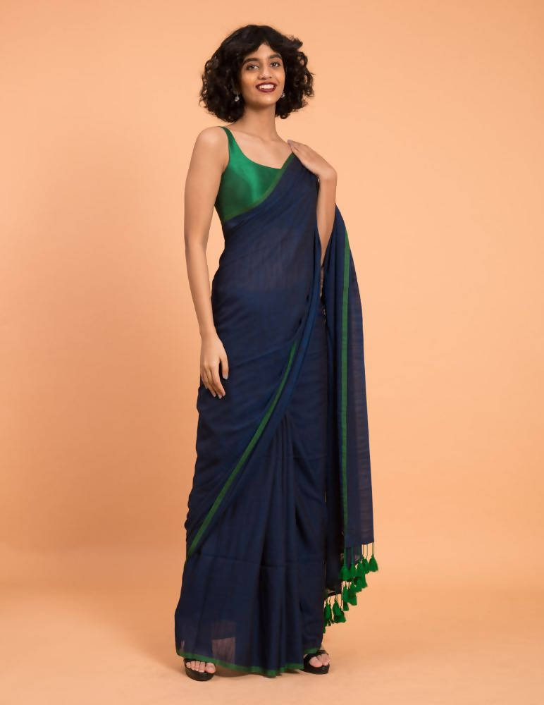 Suta Blue Green Solid Cotton Blend Saree