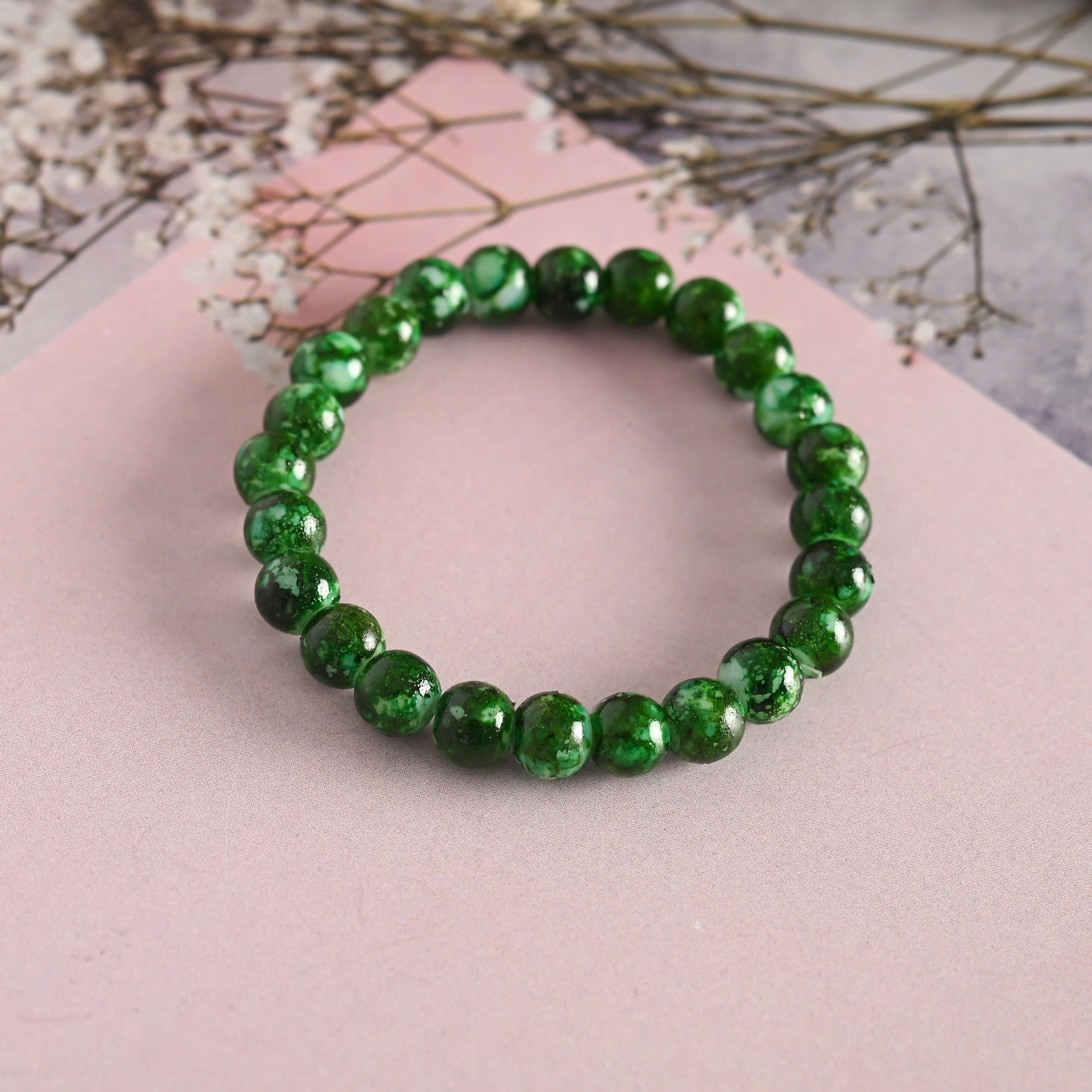 NVR Men & Women Green Marble Crystal Beaded Elasticated Bracelet