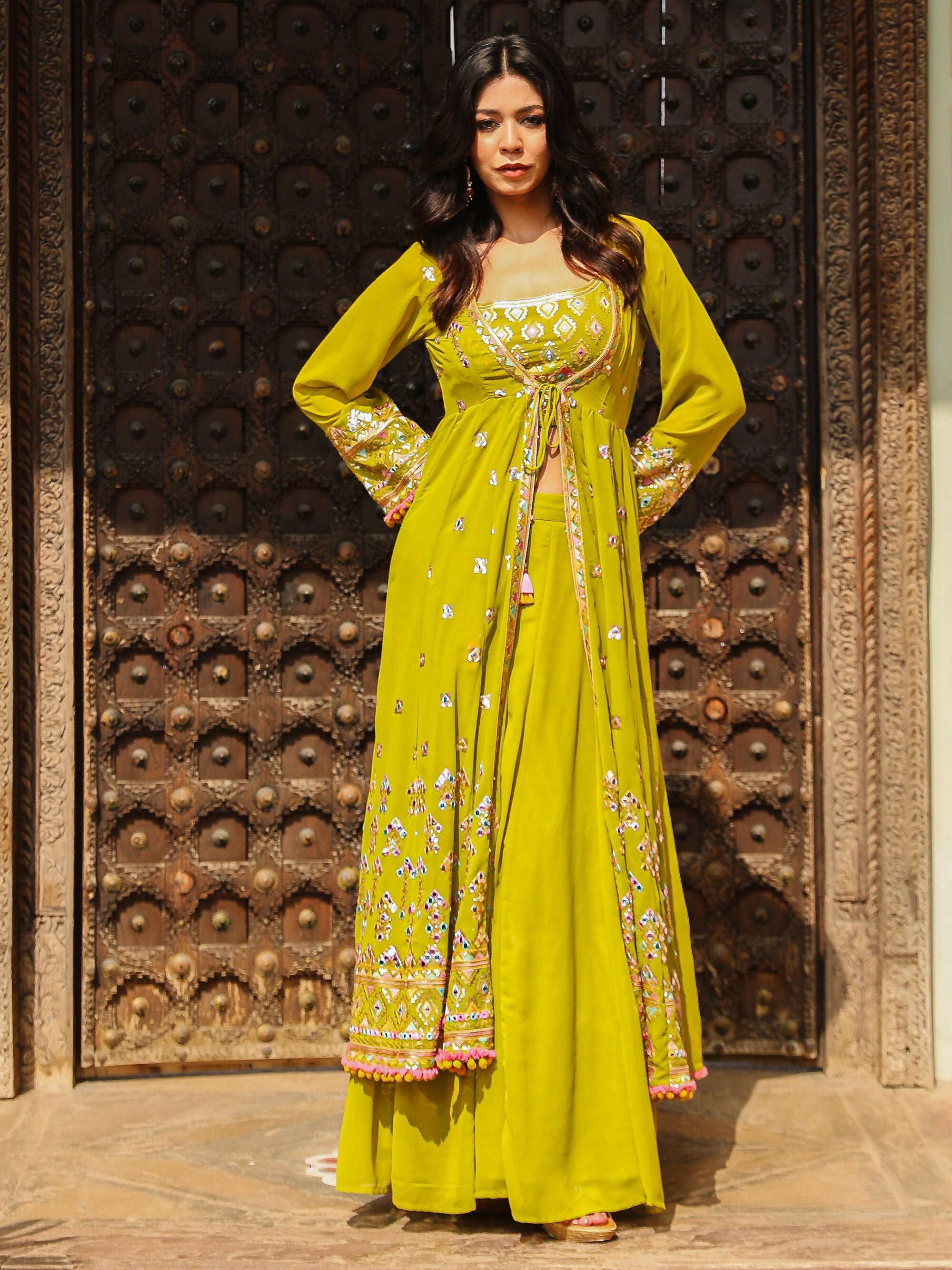 Juniper Women's Green Thread Embroidered Georgette Shrug Crop Top & Palazzo Set With Mirror Work & Sequins