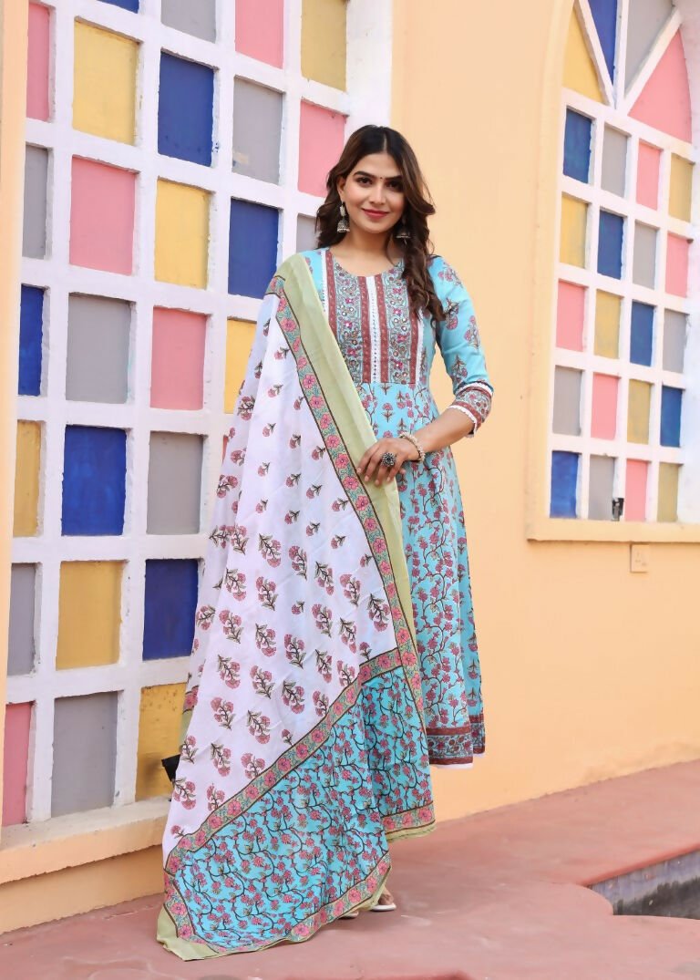 Alvano Printed Anarkali Kurti with Pant and Dupatta Set for Women's and Girls Rayon