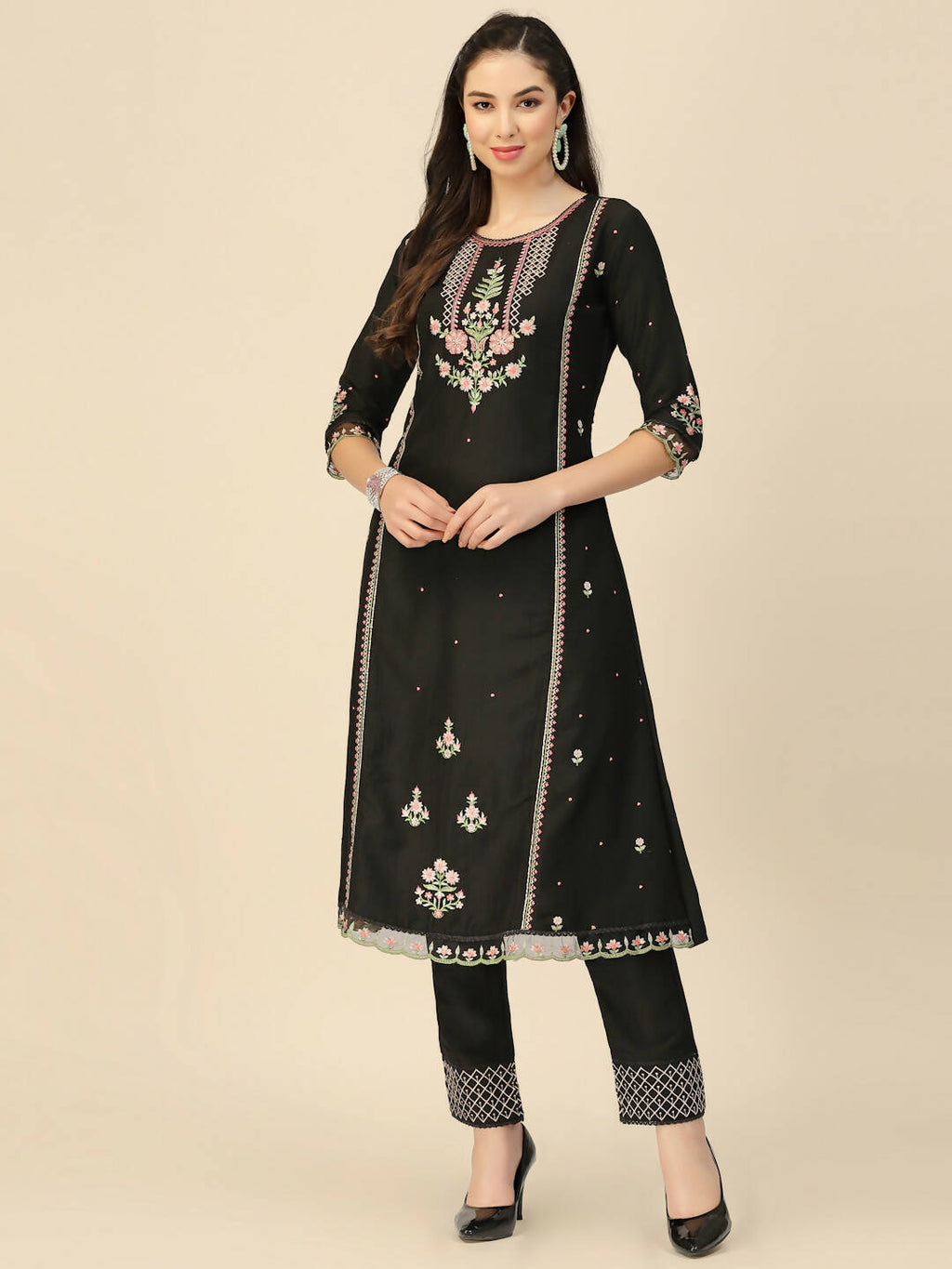Black Embroidered Chinon Straight Kurta With Trouser & Dupatta - Salimar