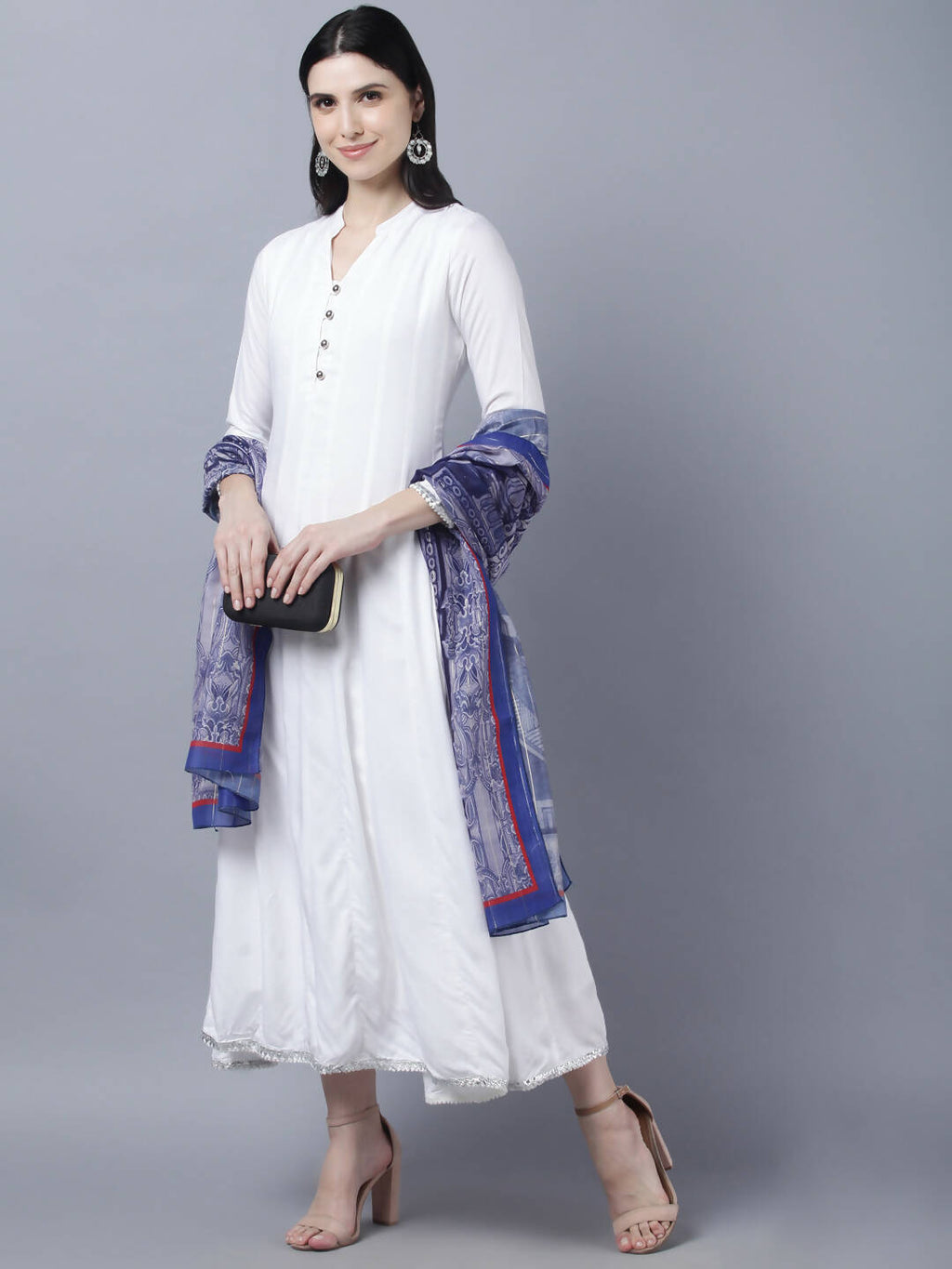 Myshka Women White Anarkali Kurta With Dupatta