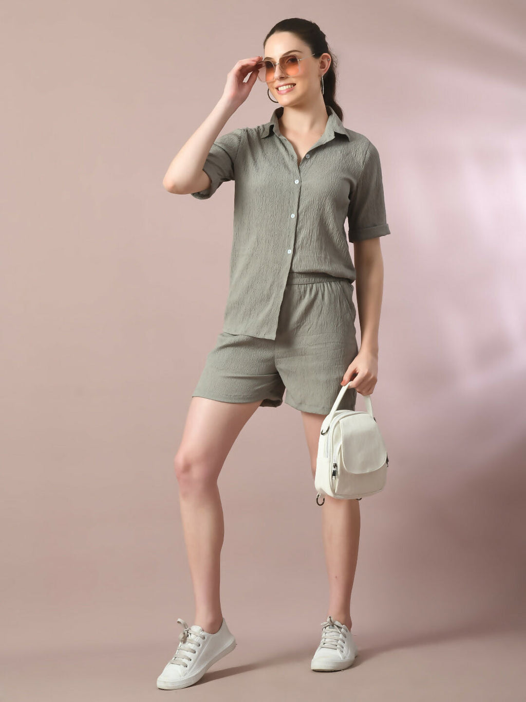 Myshka Women's Grey Solid Shirt Collar Party Shirt With Shorts Co-ord set
