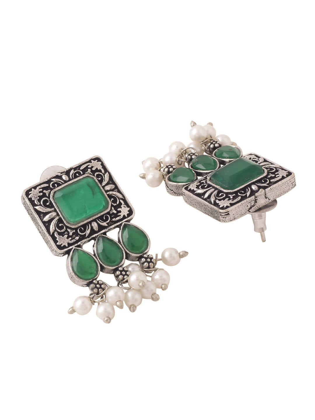 NVR Women's Oxidised Silver Plated Green Color Stone Jewellery Set With Earrings