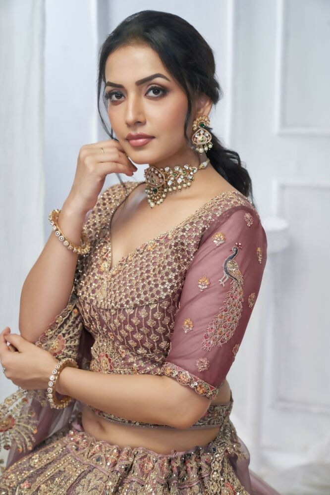 Kesar Fab Onion-Pink Net Embroidered Lehenga