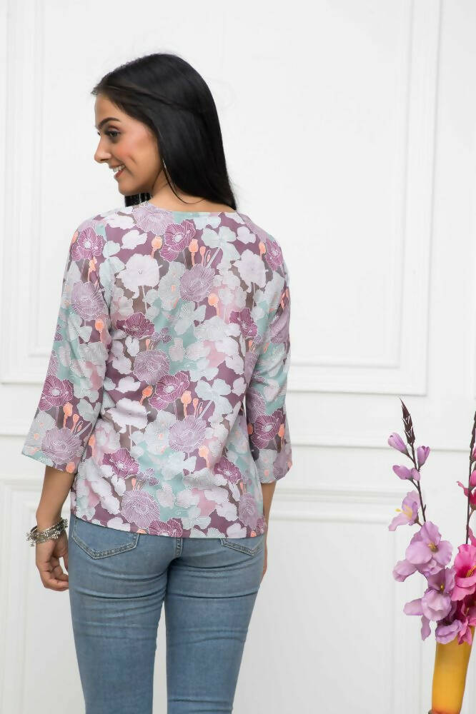 Myshka Women Multi-Floral V-Neck Regular Sleeves Viscose Rayon Top