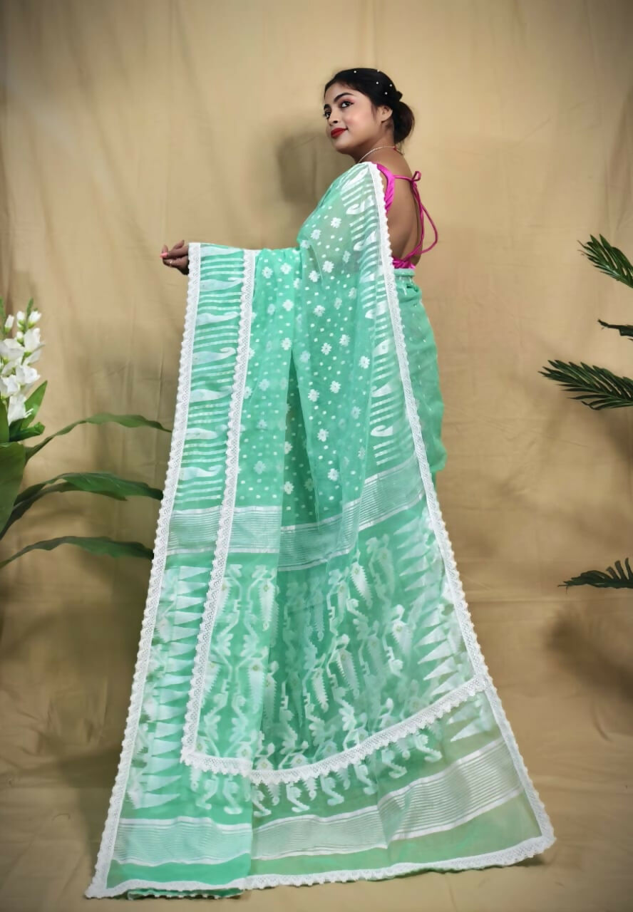 Exclusive Collection Beautiful Turquoise Jaal Jamdani Saree