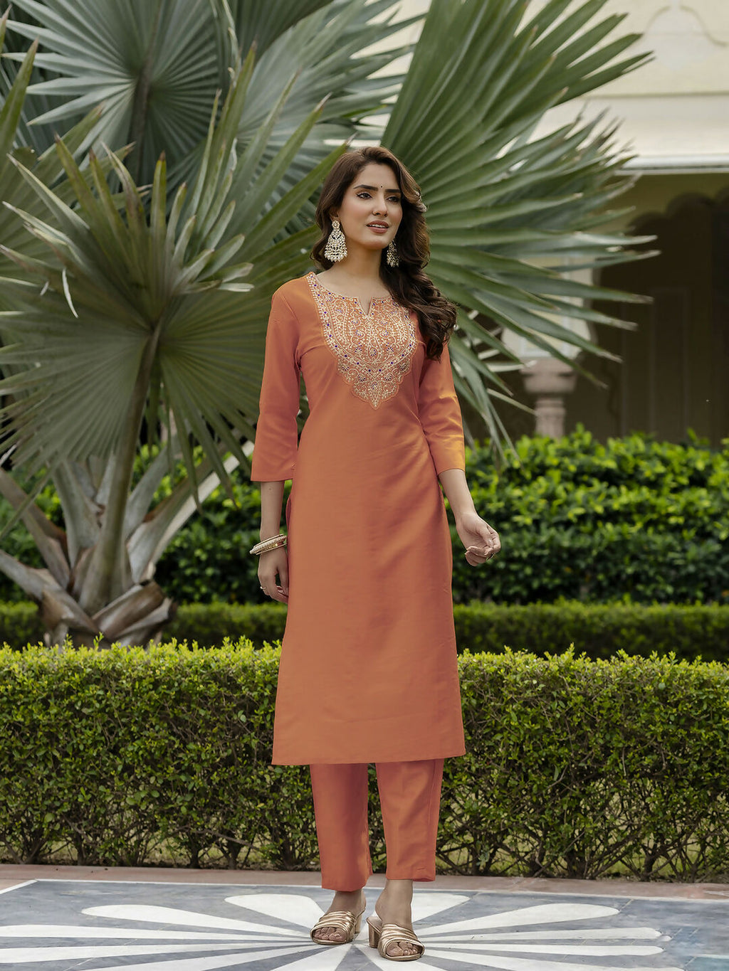The52 Orange Women's Gorgeous Embroidered Rayon Fabric with Straight Kurta, Pant and Dupatta Set