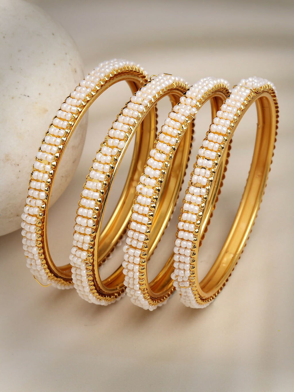 NVR Women's Set of 4 Gold-Polished Pearl Handcrafted Traditional Bangles