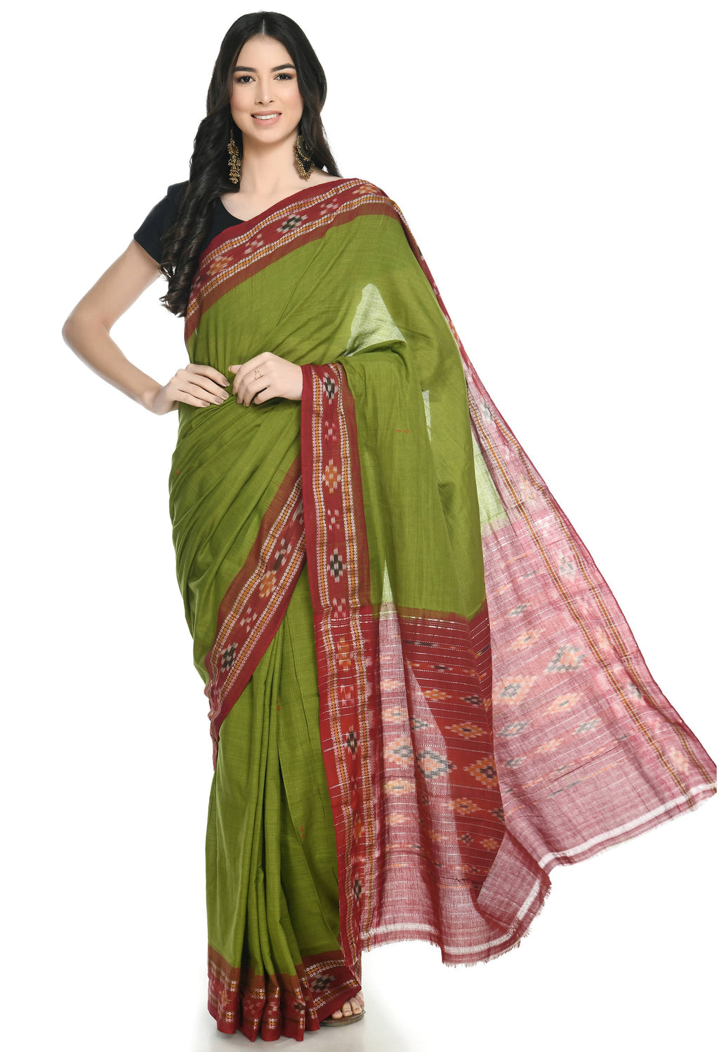 Vamika Sambalpuri Ikat Cotton Rekhabala Buti Green & Red Saree