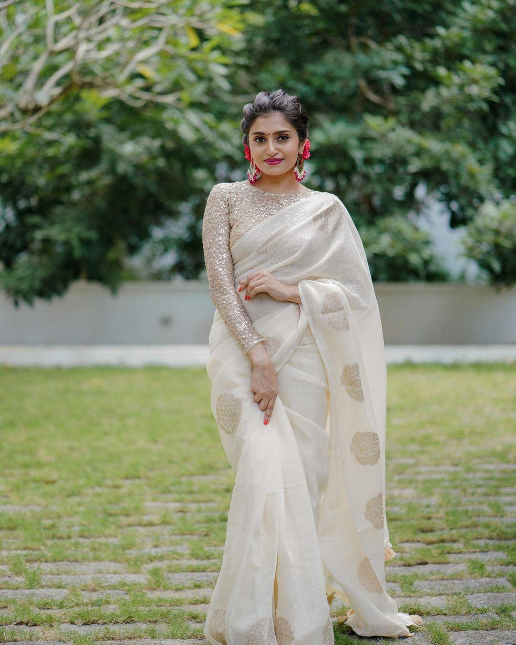 White Pure Linen Woven Design Saree with Unstitched Blouse - Hiral Fashion