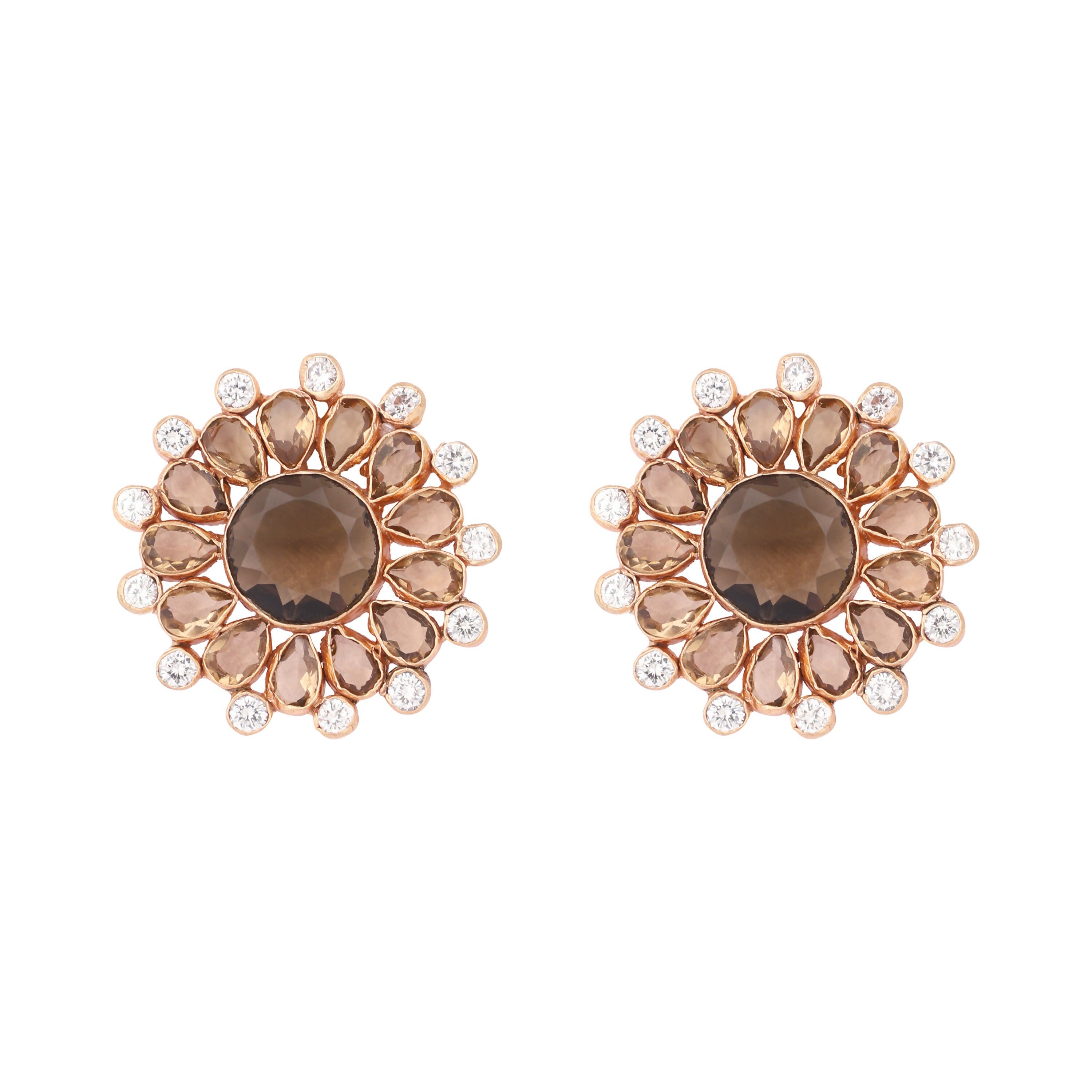 Nuyug 22K Gold Plated Faux Smoky Quartz & White Crystal Studded Contemporary Floral Shaped Studs