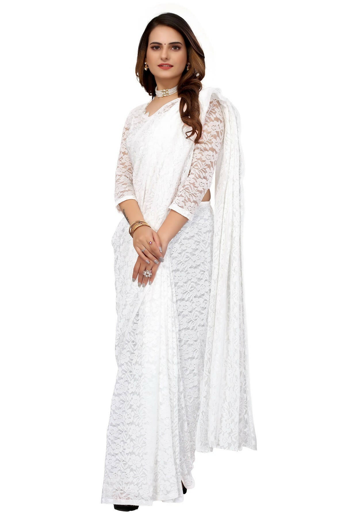 Vamika White Pearls Net Saree