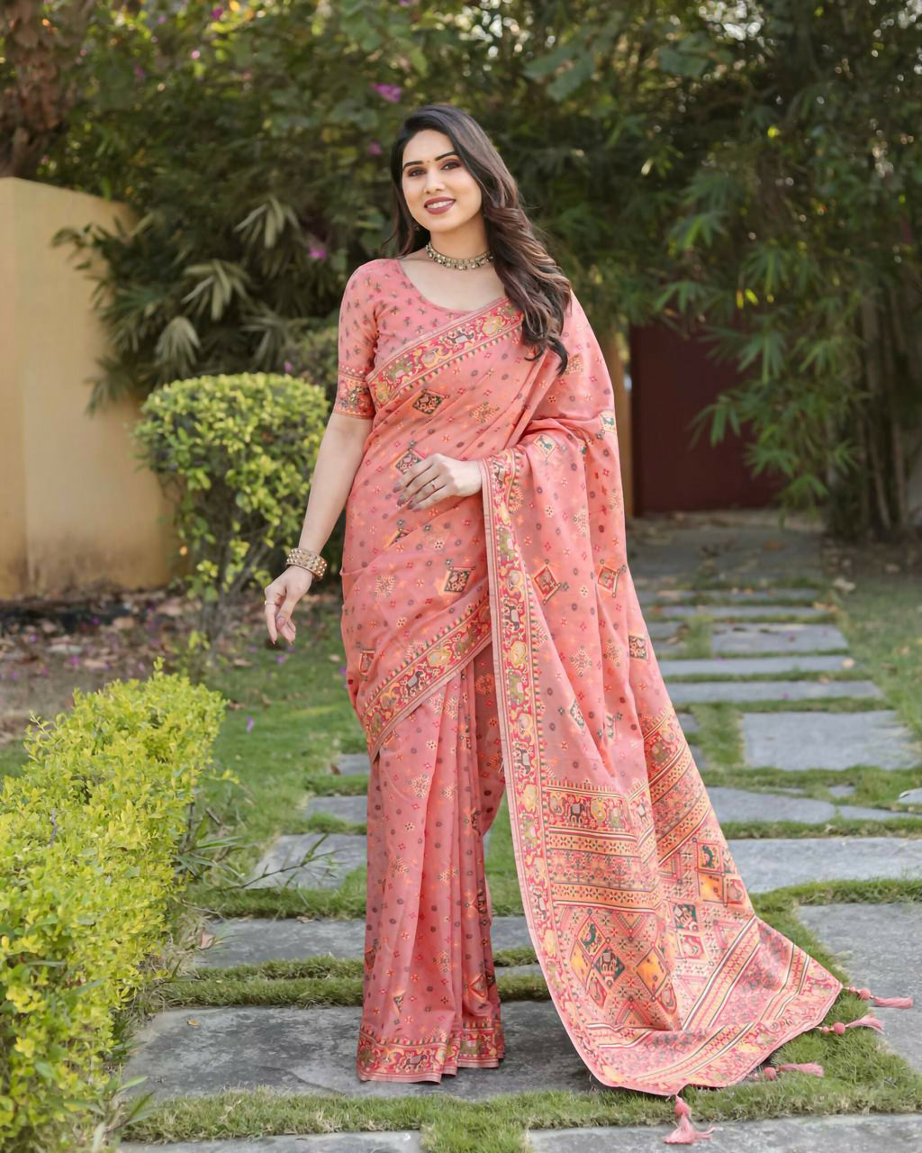Vastranavya Luxury and Beautiful Soft, Smooth, Flowing Original Pashmina Soft Cotton Saree with Matching Blouse Fabric - Peach
