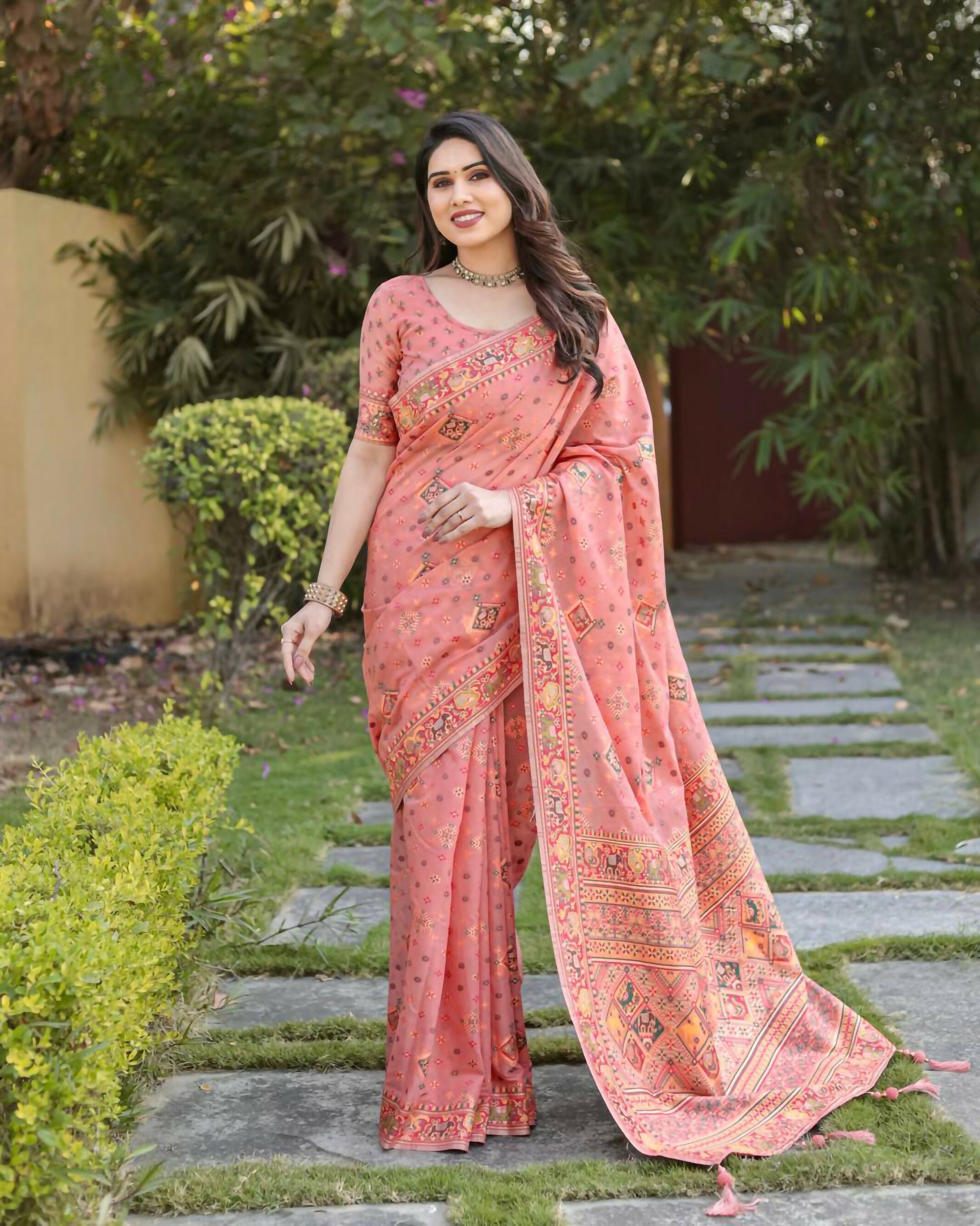 Vastranavya Luxury and Beautiful Soft, Smooth, Flowing Original Pashmina Soft Cotton Saree with Matching Blouse Fabric - Peach