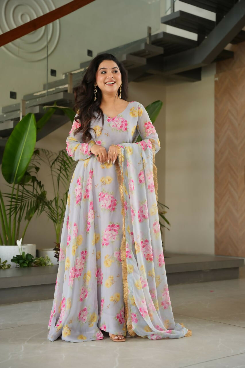 Vastranavya Light Grey Faux Georgette With Rich Flower Digital Print work Gown