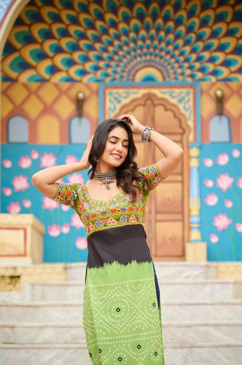 Vastranavya Parrot Navratri Special Kutchi Gamthi Work with Printed Kurti