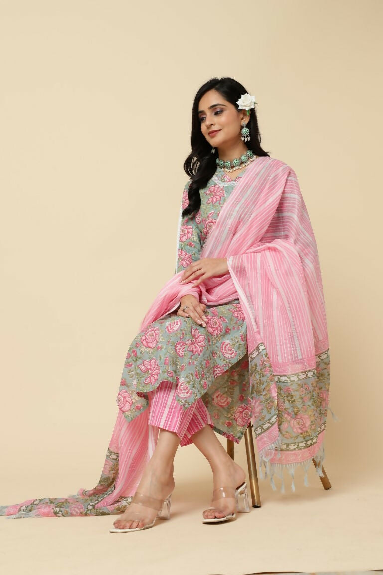 Designer Stylish Pink Cotton Blend Stitched Suit With Dupatta - Tanisha