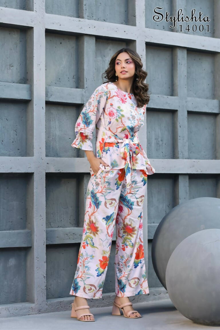 Women's Partywear Designer White & Multi Muslin co-ord set - Stylishta