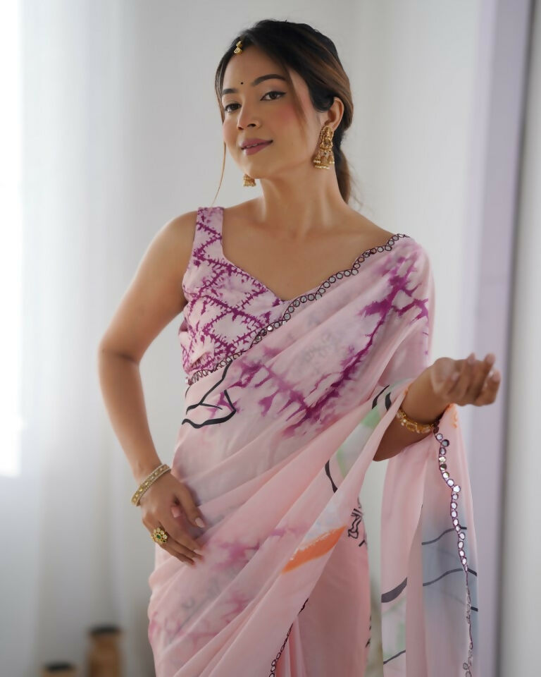 Pink Chinon Designer Digital Printed & Mirror Cut Work Saree - Kriti