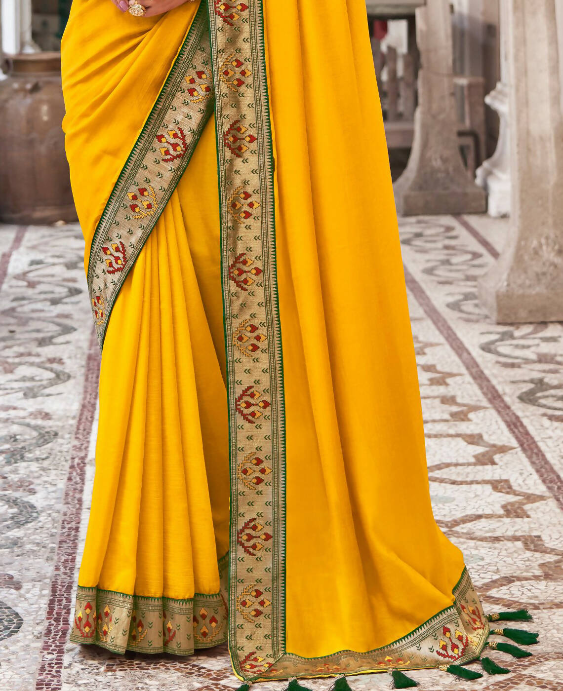 Mustard Vichitra Solid Saree With Unstitched Blouse Piece - Juhi