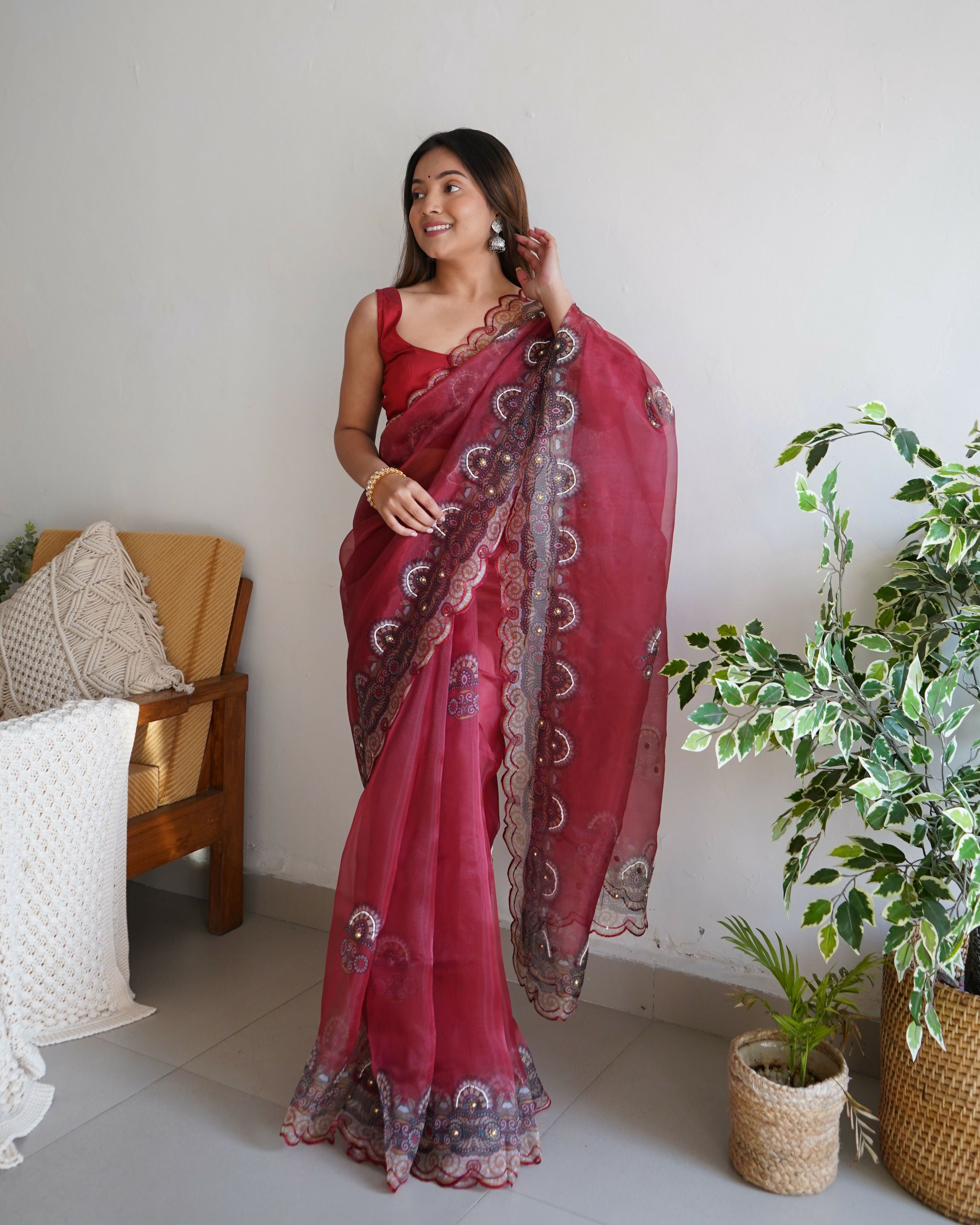 Vamsee Shivika Maroon Organza Saree